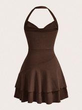 Solid Ruched Layered Ruffle Hem Halter Neck Dress